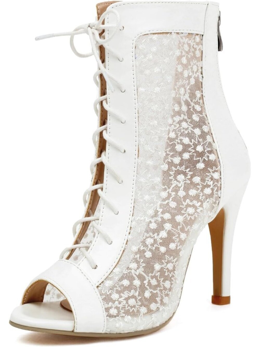 Women Lace Up Dance Heels Sparkle Sequin Mesh Booties Peep Toe Stiletto Shoes